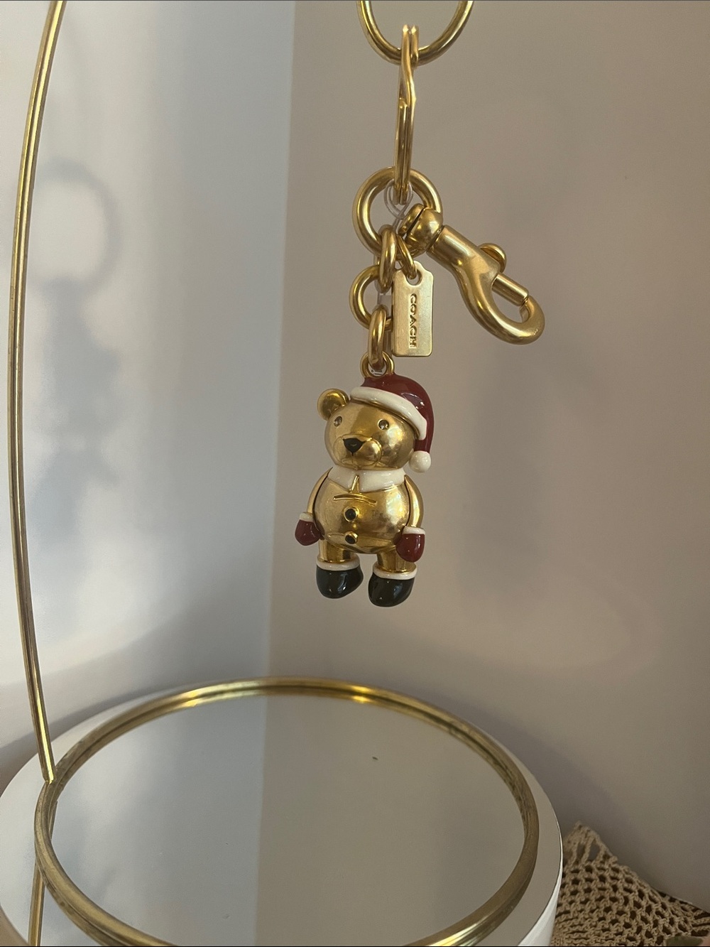 Coach Gold Teddy Bear Keychain with Red & Black Accents
